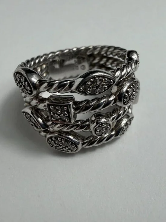 David Yurman Confetti Sterling Silver Diamond Ring Size 6