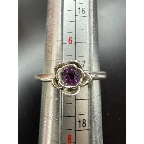 VTG Silver Purple Rose Flower‎ Ring Size 7 Floral Band Dainty romantic costume