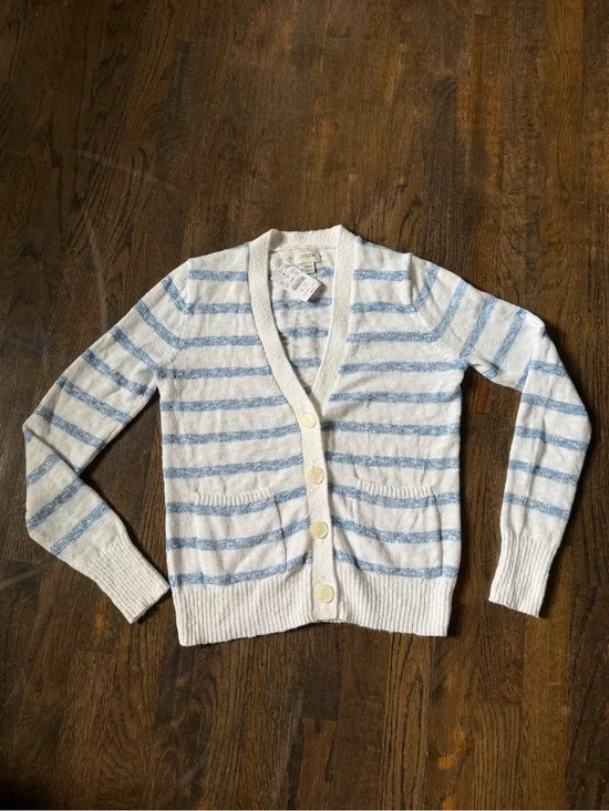 Sz xxs J. Crew v neck button down white + blue stripe light knit sweater