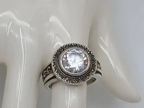 Vintage Sterling Silver Cushion Cut Cubic Zirconia Marcasite Ring Sz 8.5