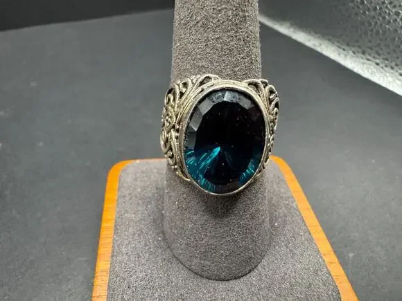 Vtg 925 Sterling Silver Blue Topaz Glass Cocktail Ring Ornate Filigree Size 10