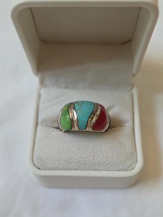 Sterling Silver Multistone Inlay Ring with Turquoise,Red and Green SZ 7.75