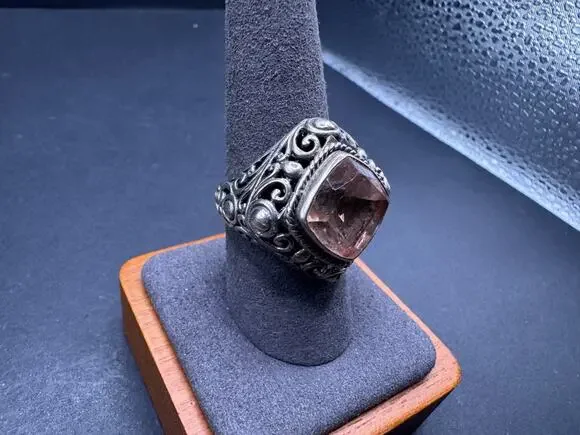 Vtg Sterling Silver 925 Filigree Statement Ring Cushion Cut Smoky Quartz Sz 9