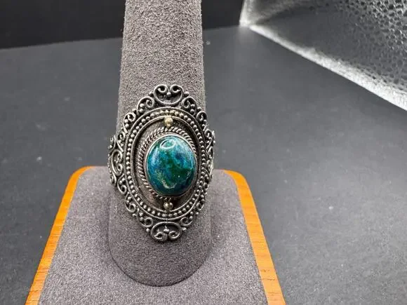 Vintage 925 Sterling Silver Chrysocolla Gemstone Filigree Ring Size 10