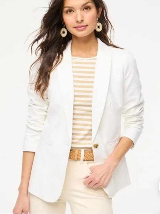 J.Crew White Linen Summer Blazer: 100% Linen Single-Button Notch-Lapel, Lined, 2