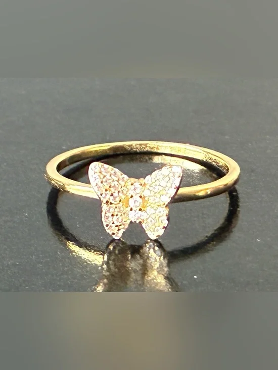 Sterling Silver 925 Gold Butterfly Ring with Pave Crystals - Sz7