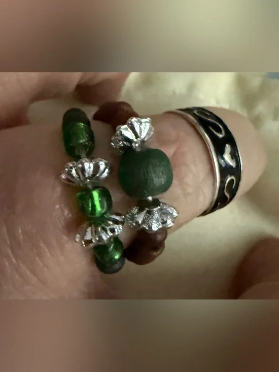 Green Black Beaded Women's Knuckle Toe Ring Set of 3 - Silver Accent