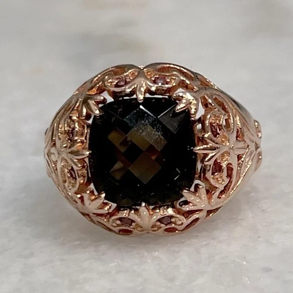 Brazilian Smoky Quartz Orissa Rhodolite Garnet 14K RG Sterling Silver Ring Sz 8