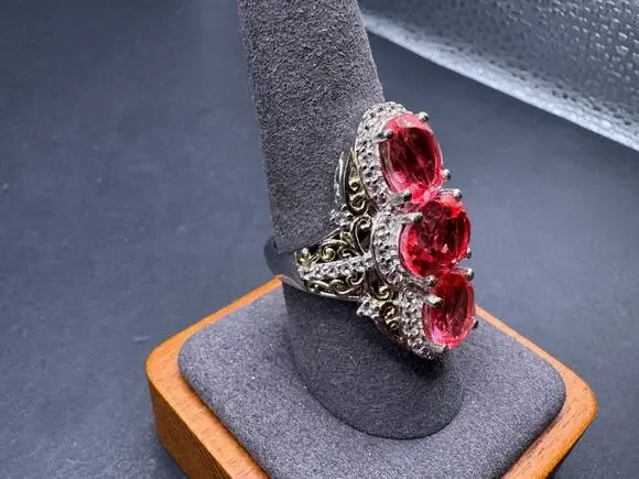STS Chuck Clemency Sterling Silver 925 Two Tone Ruby 3 Stones Cocktail Ring Sz 9
