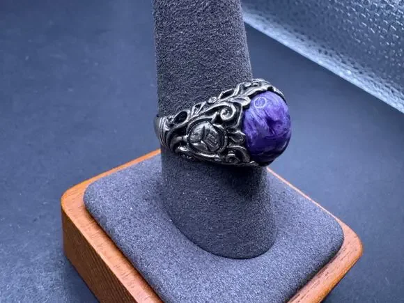 Vintage Sterling Silver 925 Charoite Ring Ornate Filigree Gothic Scroll Size 9.5