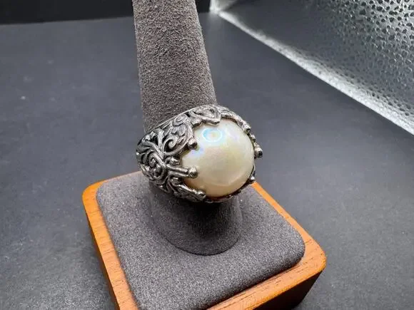 Vintage Sterling Silver 925 Mabe Pearl Statement Filigree Ring Size 10