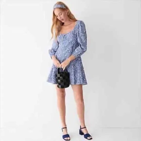 J. Crew Liberty Fabric Sweetheart Long Sleeve Mini Dress Blue Size‎ 4