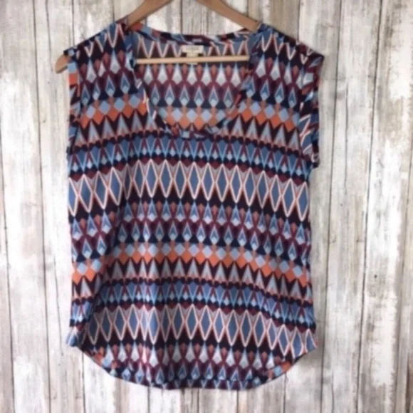 J.Crew Geometric Print Tank Top 2 Blue Orange Sleeveless Blouse Workwear Shell
