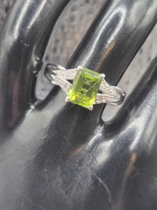Genuine Sterling Silver Green Peridot And White Zircon Emerald-Cut Ring