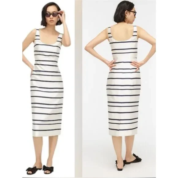 J. Crew Classic  Scoopneck Midi Dress In Jacquard Stripe Size 4 Navy/White