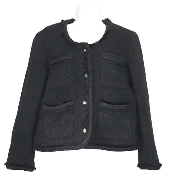 J. Crew Black Fringed Braided Wool Blend Tweed Lady Jacket 12 Minimalist Classic