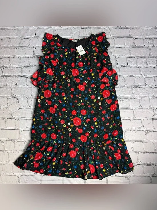 J. Crew NWT Black Mini Dress w/ Red Rose Floral Print Sleeveless Ruffles Size S