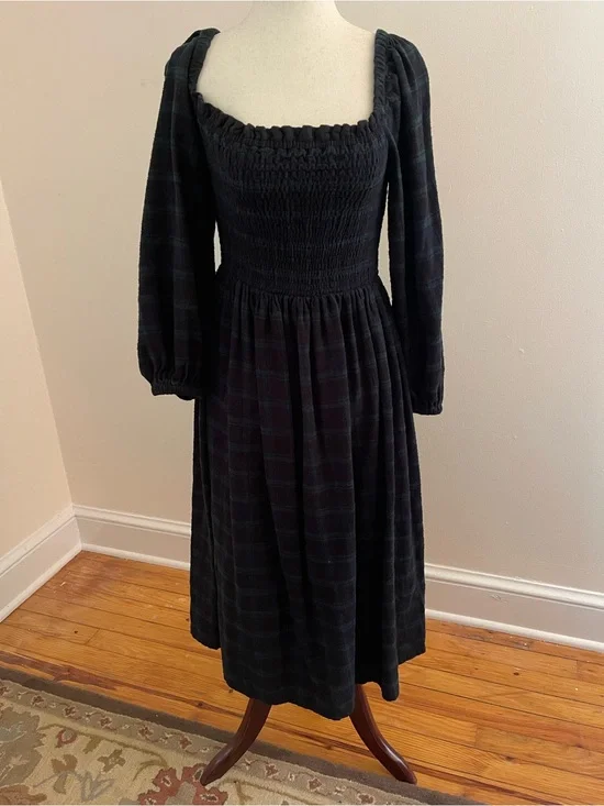 Crew XS Blackwatch Plaid Smocked Midi Dress 100% Cotton Cottage Core