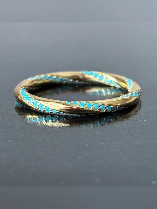Sterling Silver 925 Twisted Band Ring with Turquoise Accent Stones Sz 8
