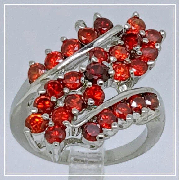Garnet CZ Cluster‎ Ring Silver Tone Bypass Statement Band Cocktail Ring Size 7