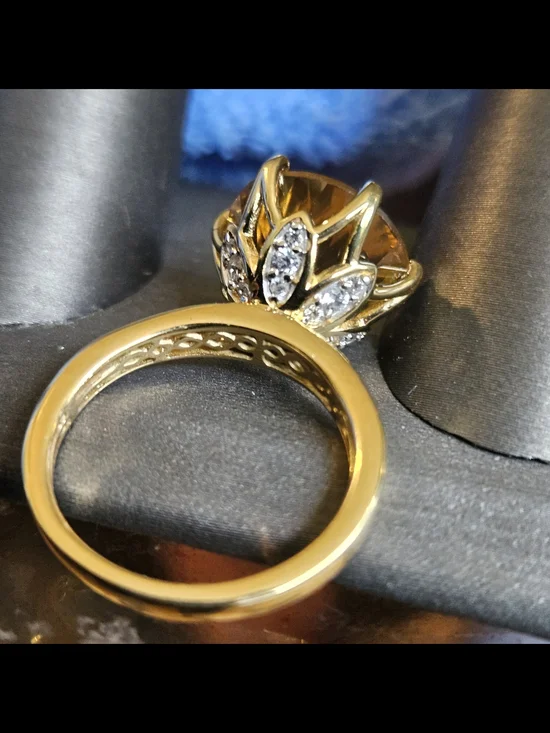 Millennium Cut Brazilian Citrine White Zircon Ring Vermeil Yellow Gold Over Ster