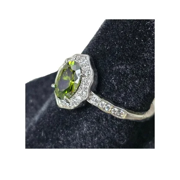 Silver Tone White Topaz Smokey Olive Tourmaline Halo Diamante CZ Ring New Size 7