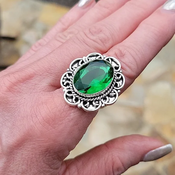 Faceted Synthetic Emerald Sterling Silver Ring