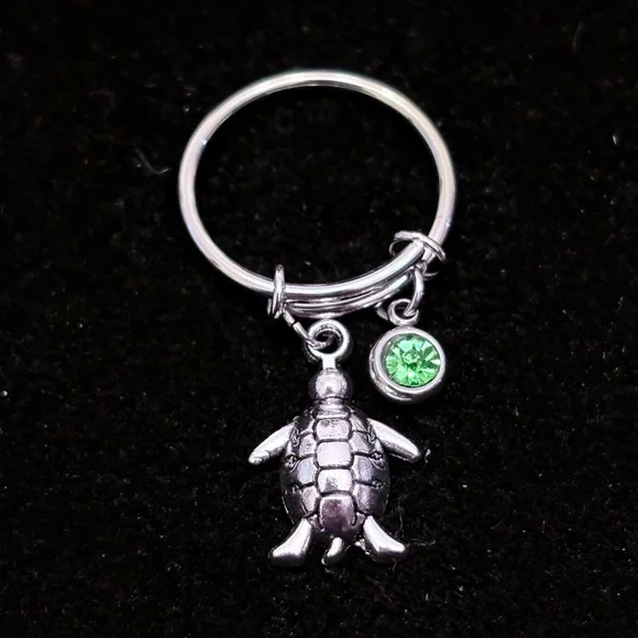 Turtle charm dangle ring with birthstone charm