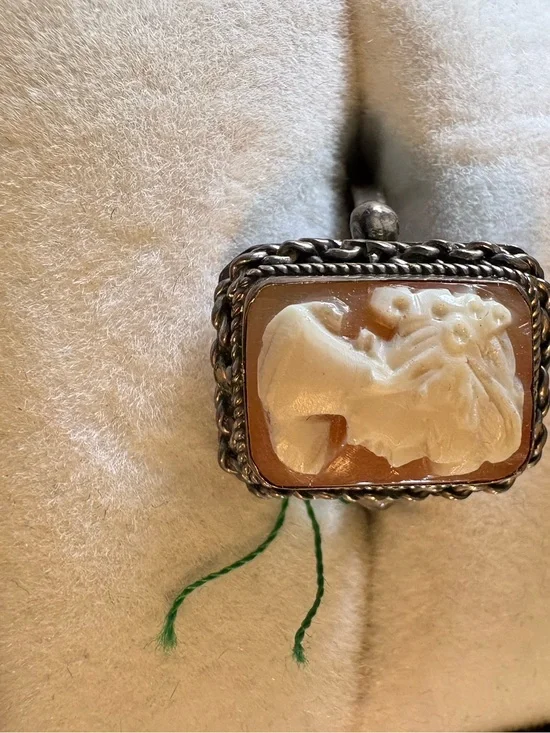 Sterling signed Cameo Ring in White and Tan Silver Setting