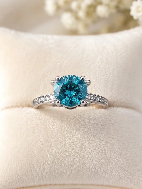 Sterling Silver Teal Solitaire Ring with Pavé Band
