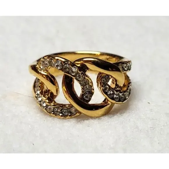 Vtg KJL Kenneth Jay Lane Gold Tone Chunky Chain Link Rhinestone Ring Size 8.25