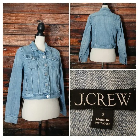 J Crew Jean Jacket S Cropped Light Wash Denim Button Front 100% Cotton