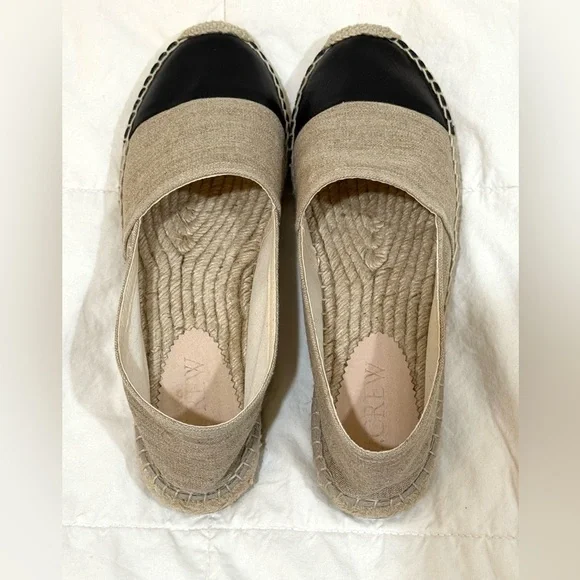 J. Crew Linen Espadrille Slip-Ons in Tan with Black Cap Toe Runs small