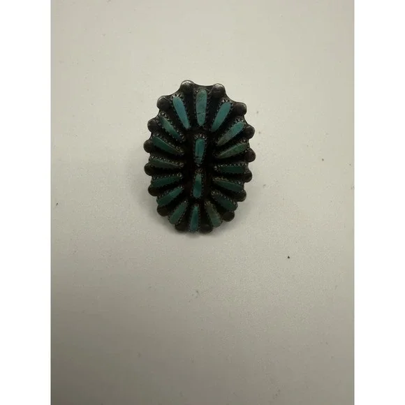 Vtg 1950's Zuni Petit Point Turquoise Cluster Sterling‎ Silver Ring
