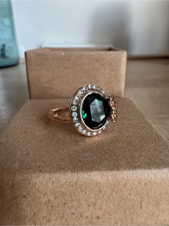 Gold-Tone Ring with Emerald Green Center Stone