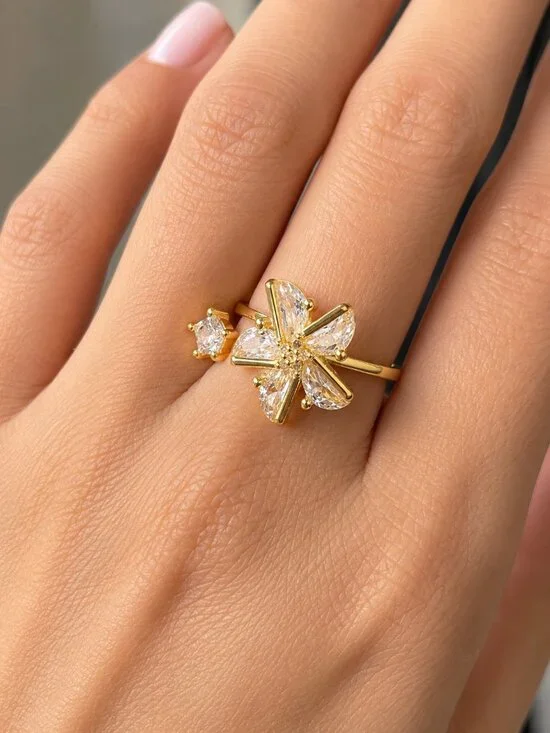 S925 Sterling Silver 14K Gold Plated Adjustable Flower Ring | CZ Statement Ring