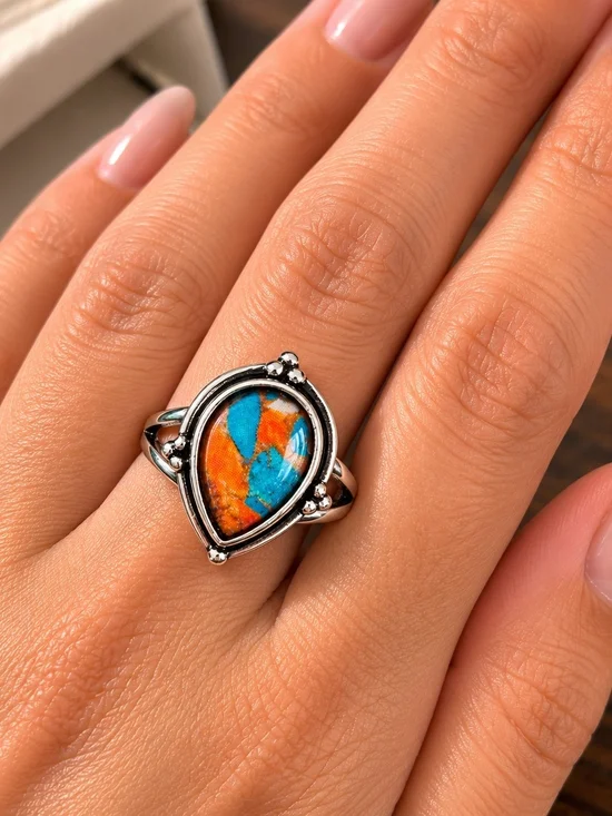 Teardrop Inlay Ring with Orange & Turquoise Accent