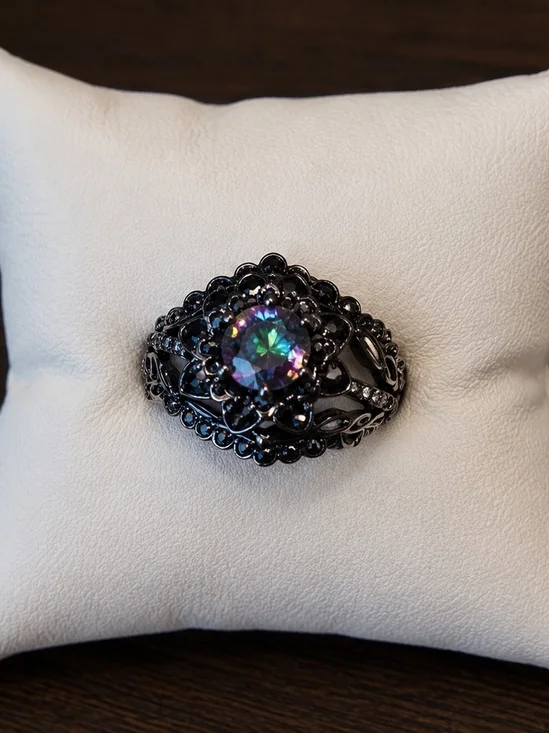 Black Filigree Ring with Multicolor Mystic Center - Women Jewelry