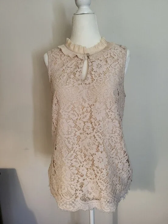 J. Crew Cream Lace Sleeveless Camisole with Ruffled Neck