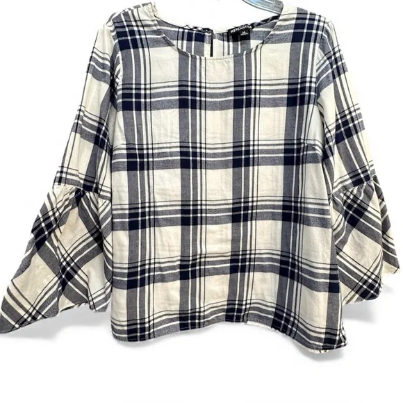 J.Crew Mercantile Plaid Bell Sleeve Blouse Top Navy Blue White Cotton Size 14