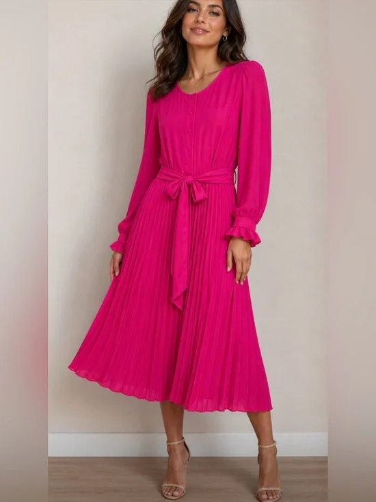 J Crew Tie Front Pleated Dress Pink Long Sleeve Button Front Style AK205 Size 2