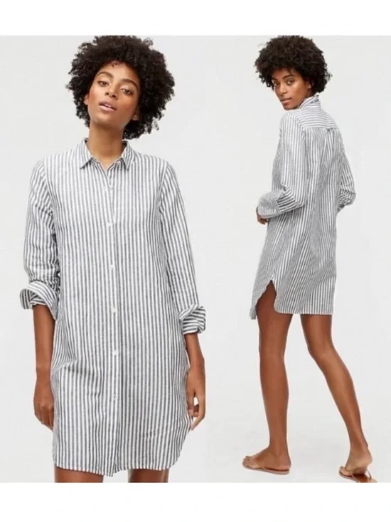 J. Crew Classic-Fit Beach Shirt Striped Linen-Cotton Blend AV054 Navy White