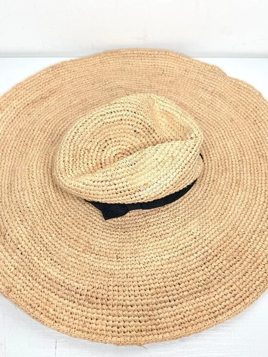 J CREW Extra Wide Brim Packable Straw Chic Beach Feminine Bow Oversized Hat S/M