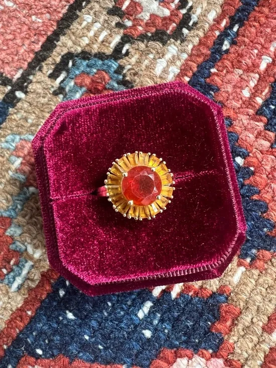 14K Yellow Gold Sunburst Ring with Fire Opal and Citrine Baguettes Size 7