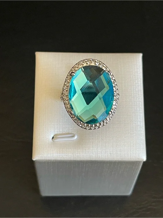 Silver tone Aqua blue ring.