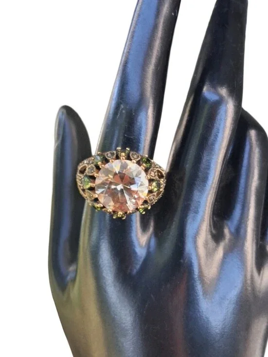 Vintage Gold Plate Statement Cocktail Ring | Champagne CZ Marcasite Green Accent
