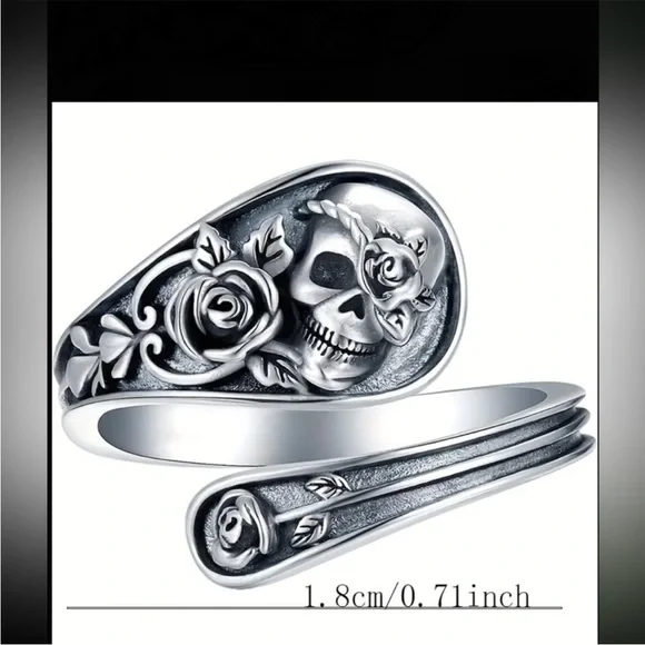 Silver Skull and Rose Ring wrap ring silver alloy adjustable one size women nwt
