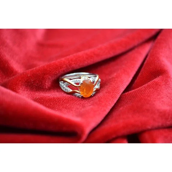 Vintage Sterling Silver Citrine Cubic Zirconia Floral Ring Two Tone Gold Size 7
