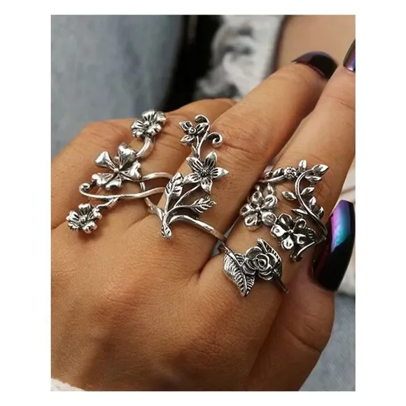 NWT 4Pc Silver Plated Boho Vintage Floral Flower Vine Stackable Midi Ring Set
