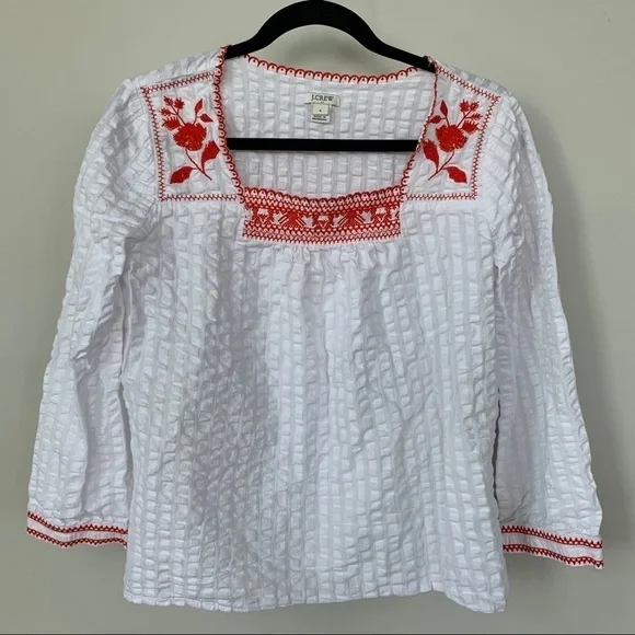 J. Crew 100% Cotton White Top with Red‎ Embroidery Size S